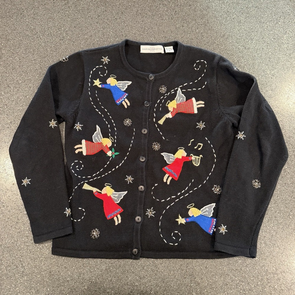 Marisa Christina Angels Trumpets Christmas‎ Sweater Cardigan Small